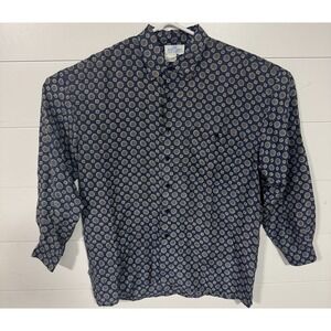 Vintage Winter Silks 100% Silk Button Up Shirt Men's L Long Sleeve Blue Print